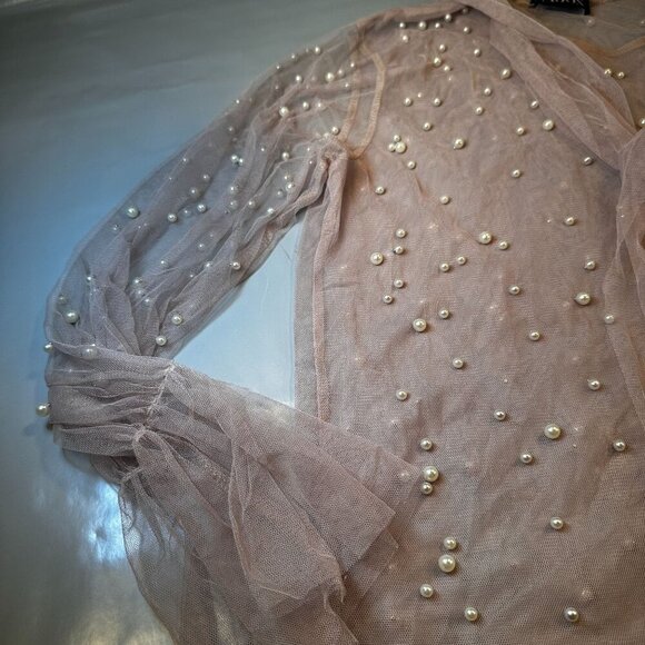 The Moon Pearl Sheer Mesh Blouse Womens Scarf Balloon Long Sleeve High Neck - Picture 7 of 16